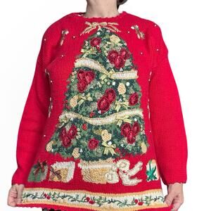 Vintage Tiara International Christmas Tree Holiday Sweater Large Red Green Knit